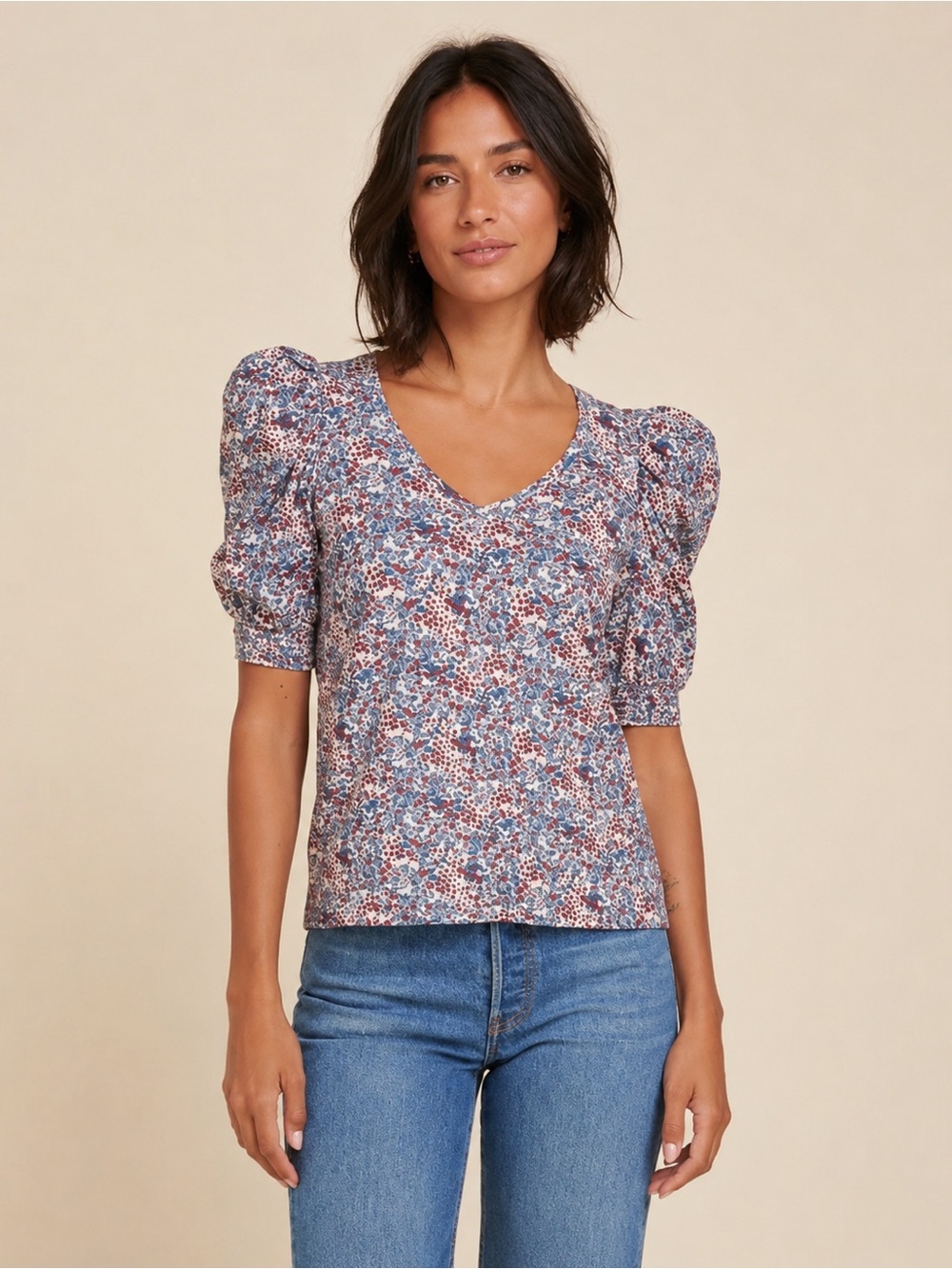 Nation LTD floral puff sleeve v neck Celine Pima cotton shirt size small